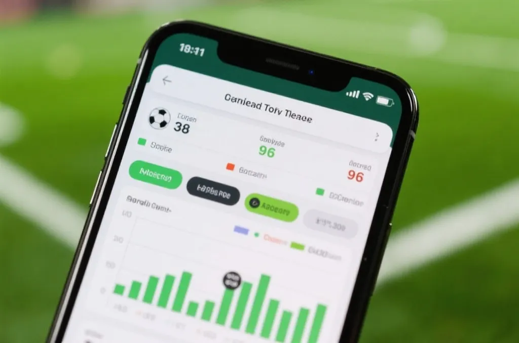 A close-up of a mobile phone screen displaying detailed real-time football match statistics and charts, with a blurred green pitch background